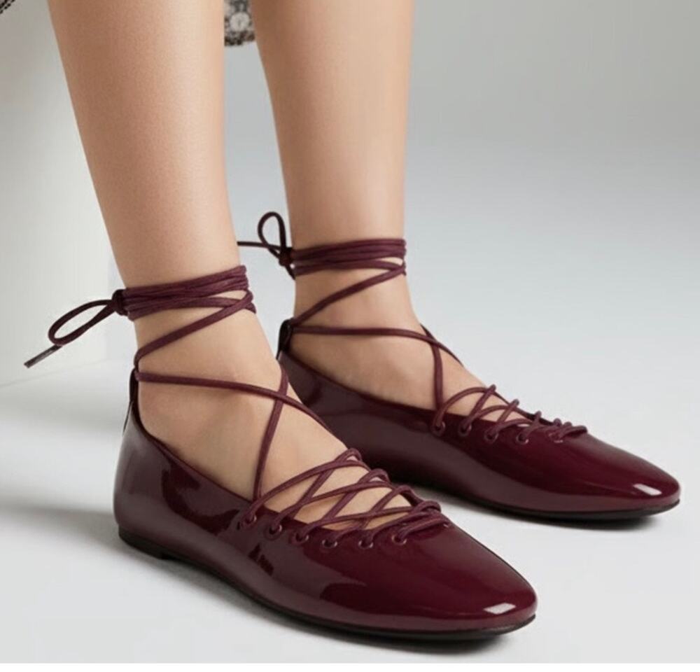 Stradivarius Burgundy Patent Lace-up Ballet Flats 38 7 NEW